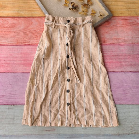 Rachel Zoe Dresses & Skirts - Rachel Zoe Tan Linen Striped Button Front A-line Paperbag Midi Skirt S